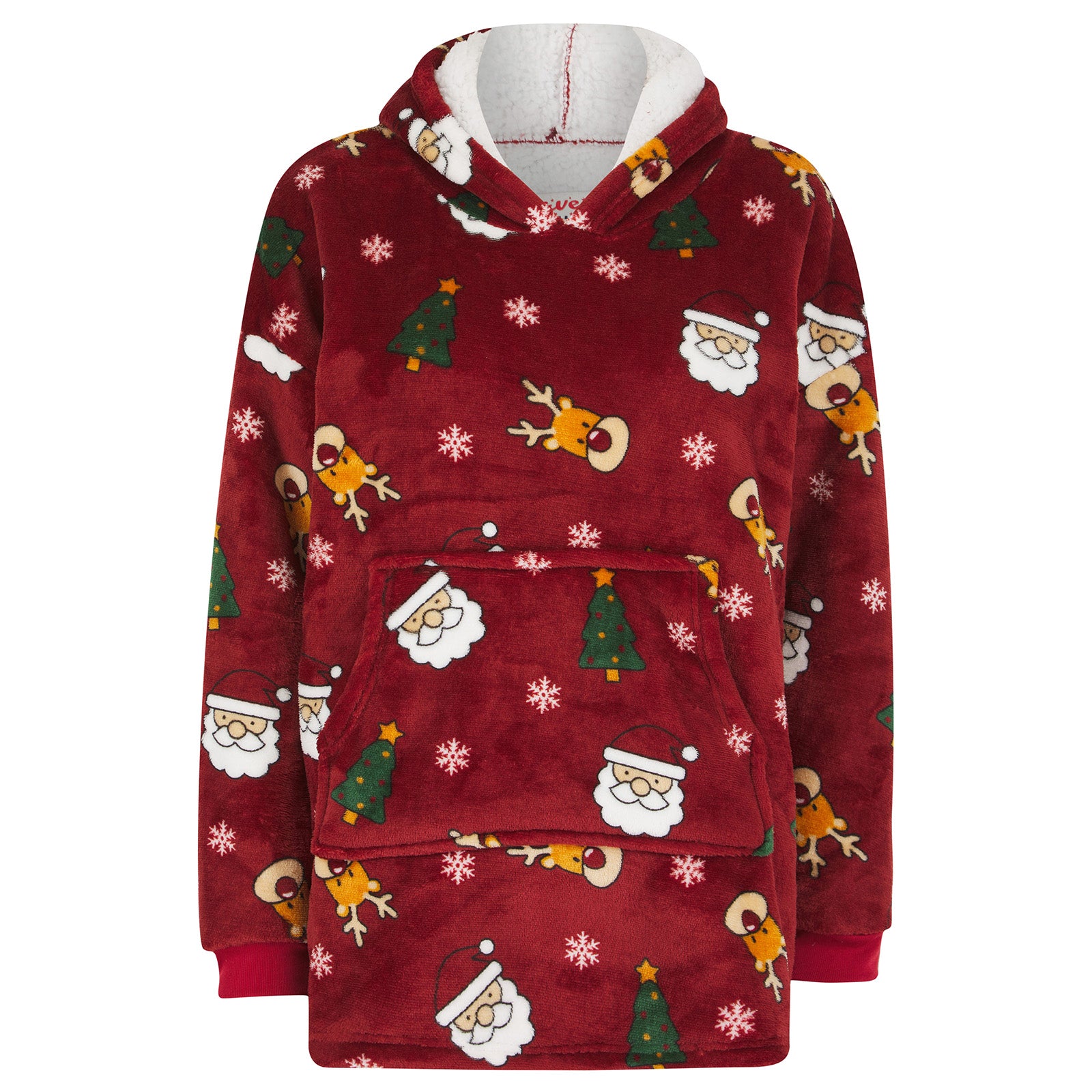 dark red kids hoodie with santa, reindeer and christmas tree pattern with think fleece lining